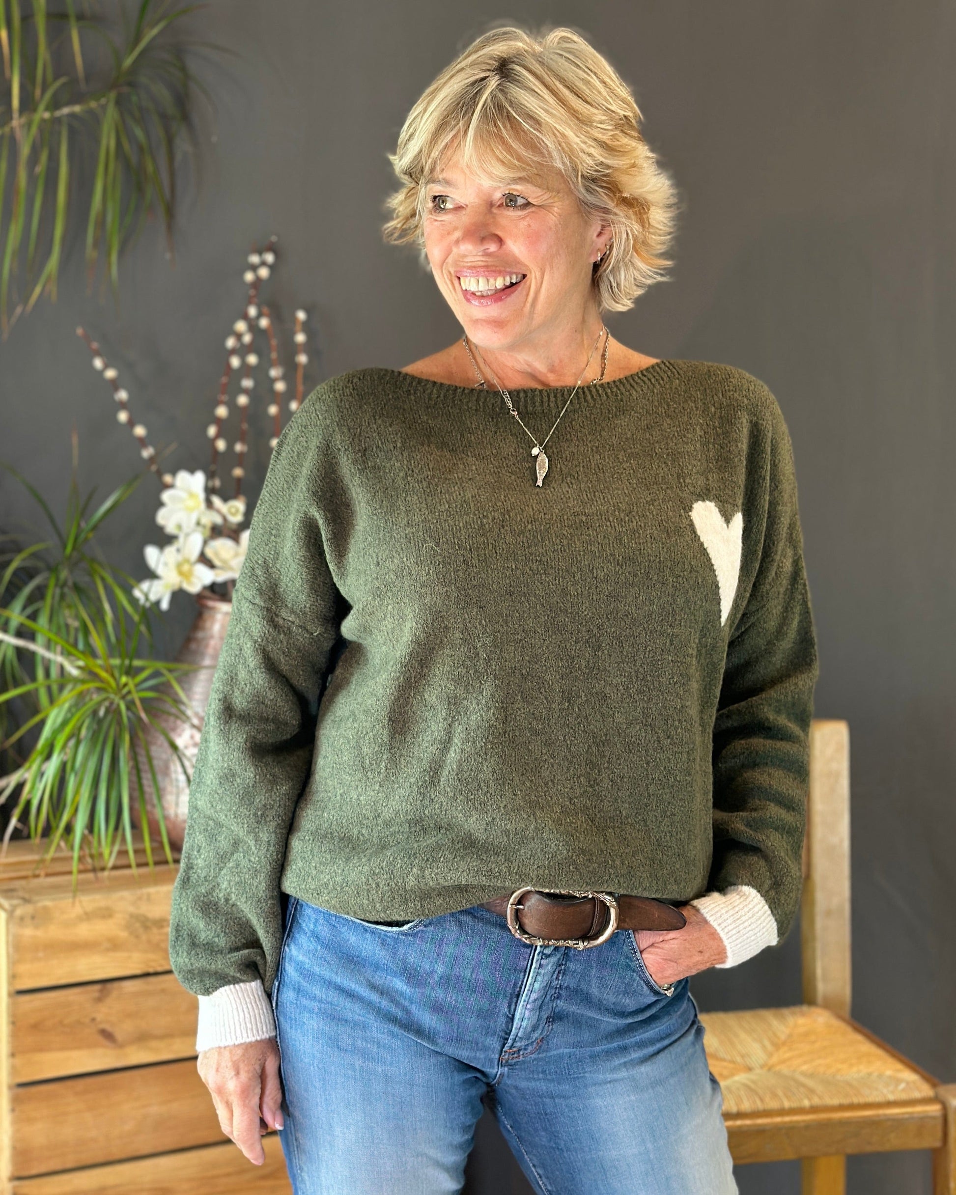 Clothing V-Neck Heart Motif Jumper - Khaki