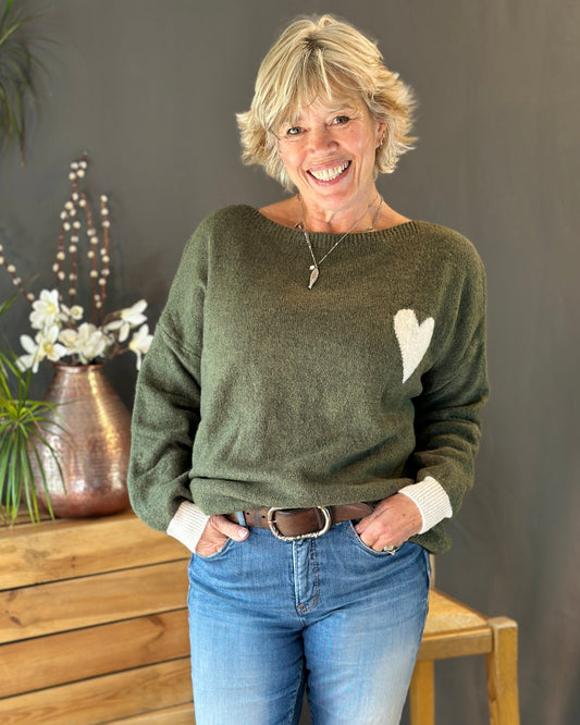 Clothing V-Neck Heart Motif Jumper - Khaki