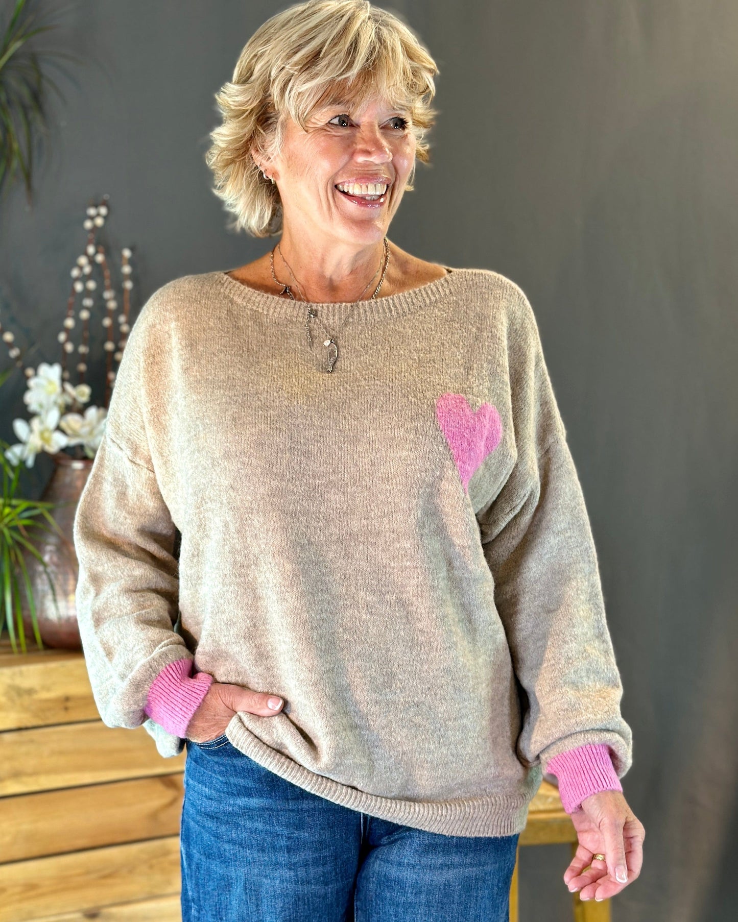 Clothing V-Neck Heart Motif Jumper - Oatmeal