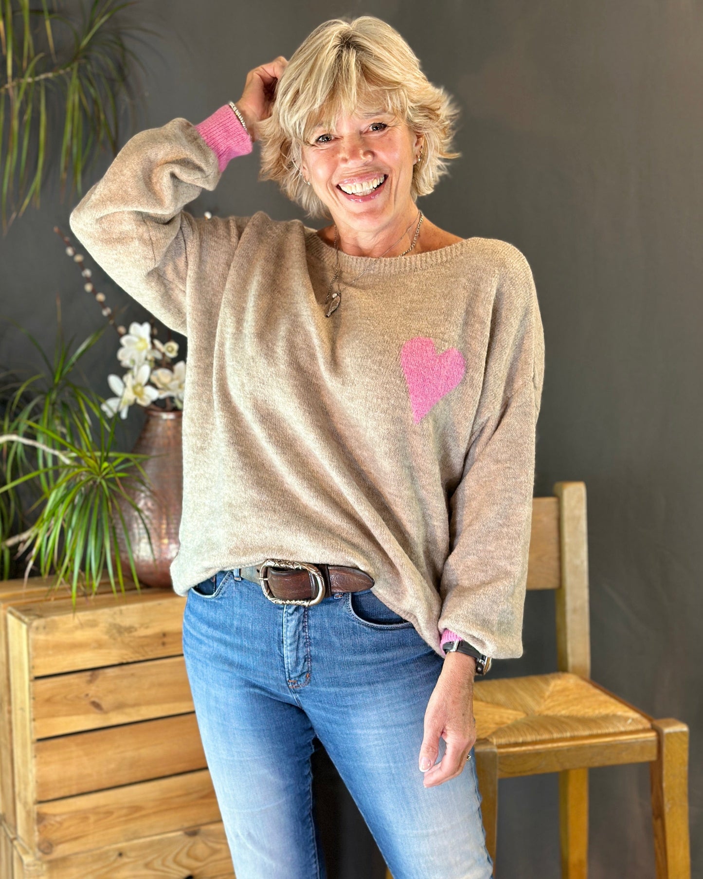 Clothing V-Neck Heart Motif Jumper - Oatmeal