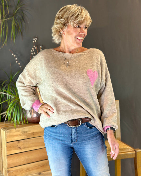 Clothing V-Neck Heart Motif Jumper - Oatmeal