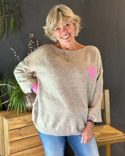 Clothing V-Neck Heart Motif Jumper - Oatmeal