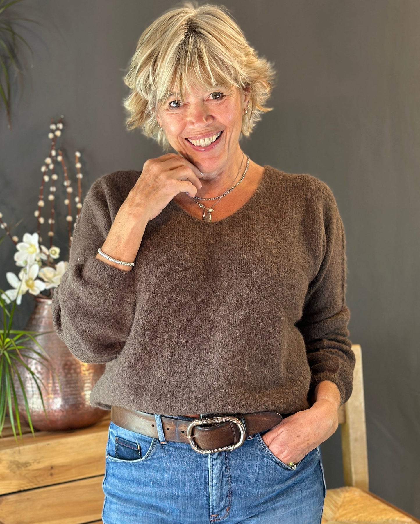 clothing V-Neck Long Sleeve Jumper - Chocolate