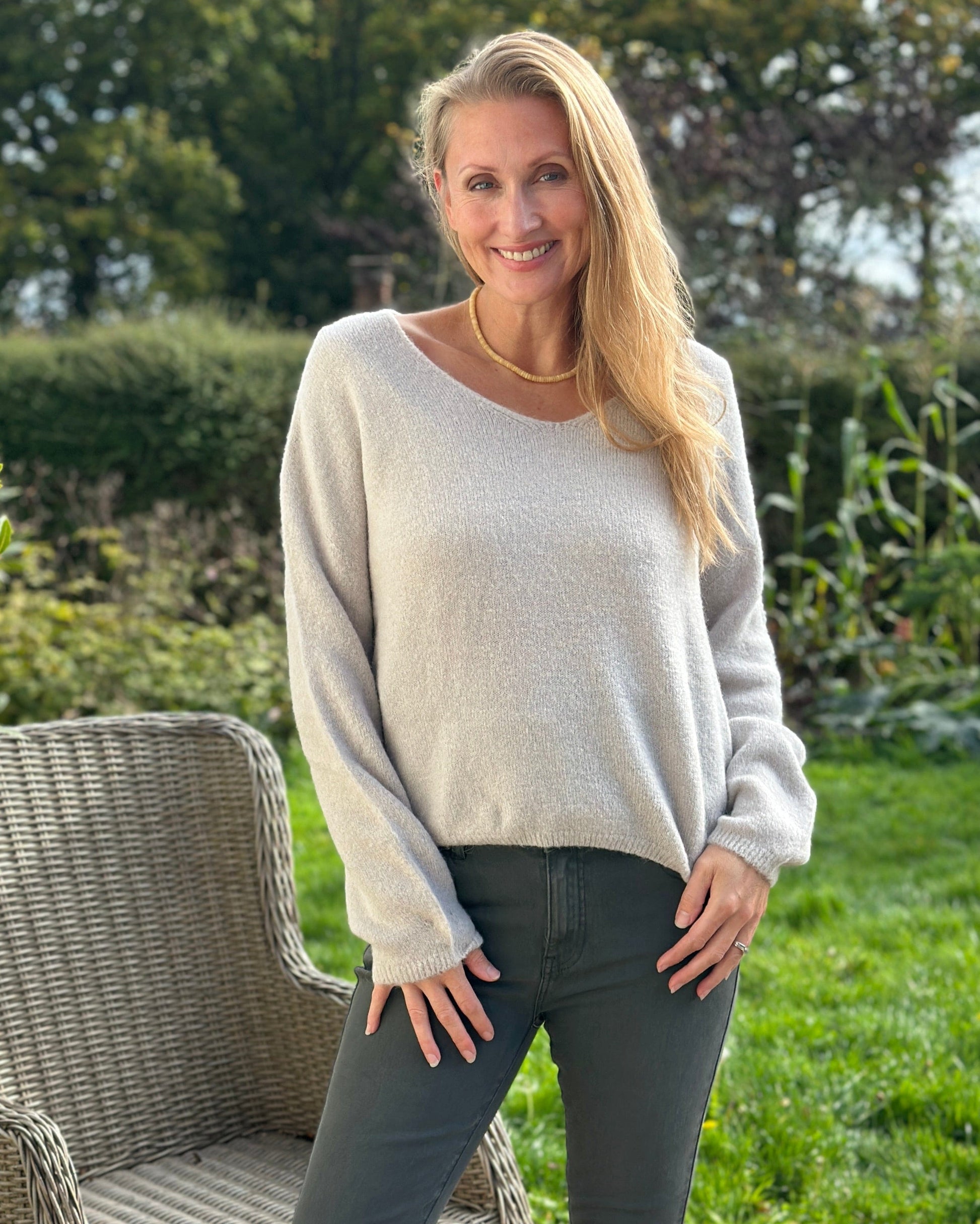 clothing V-Neck Long Sleeve Jumper - Stone