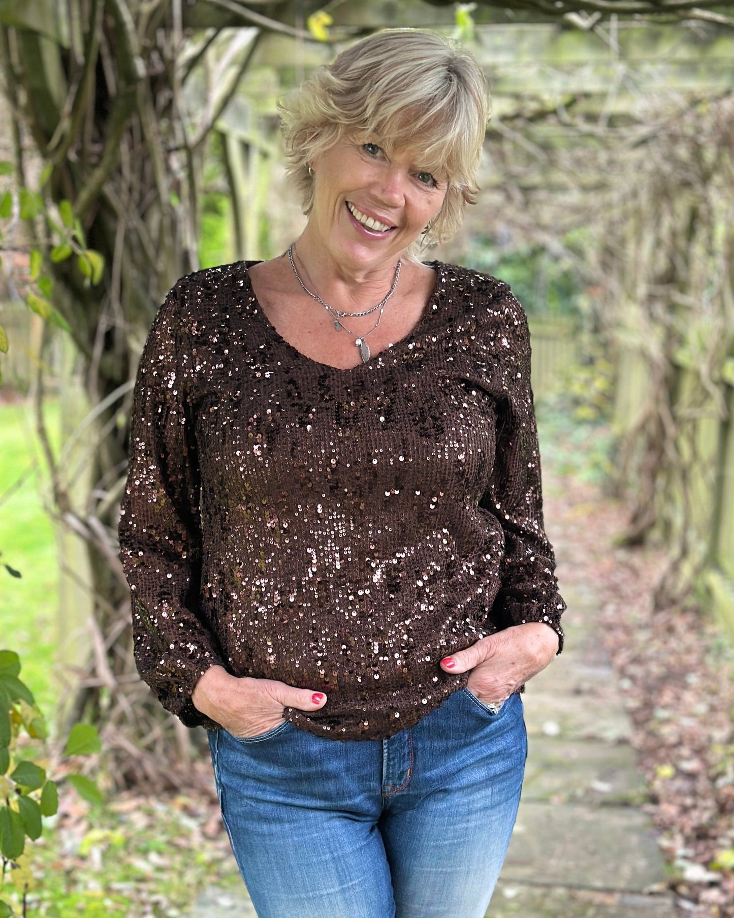 Clothing V-Neck Long Sleeve Sequin Top - Chocolate