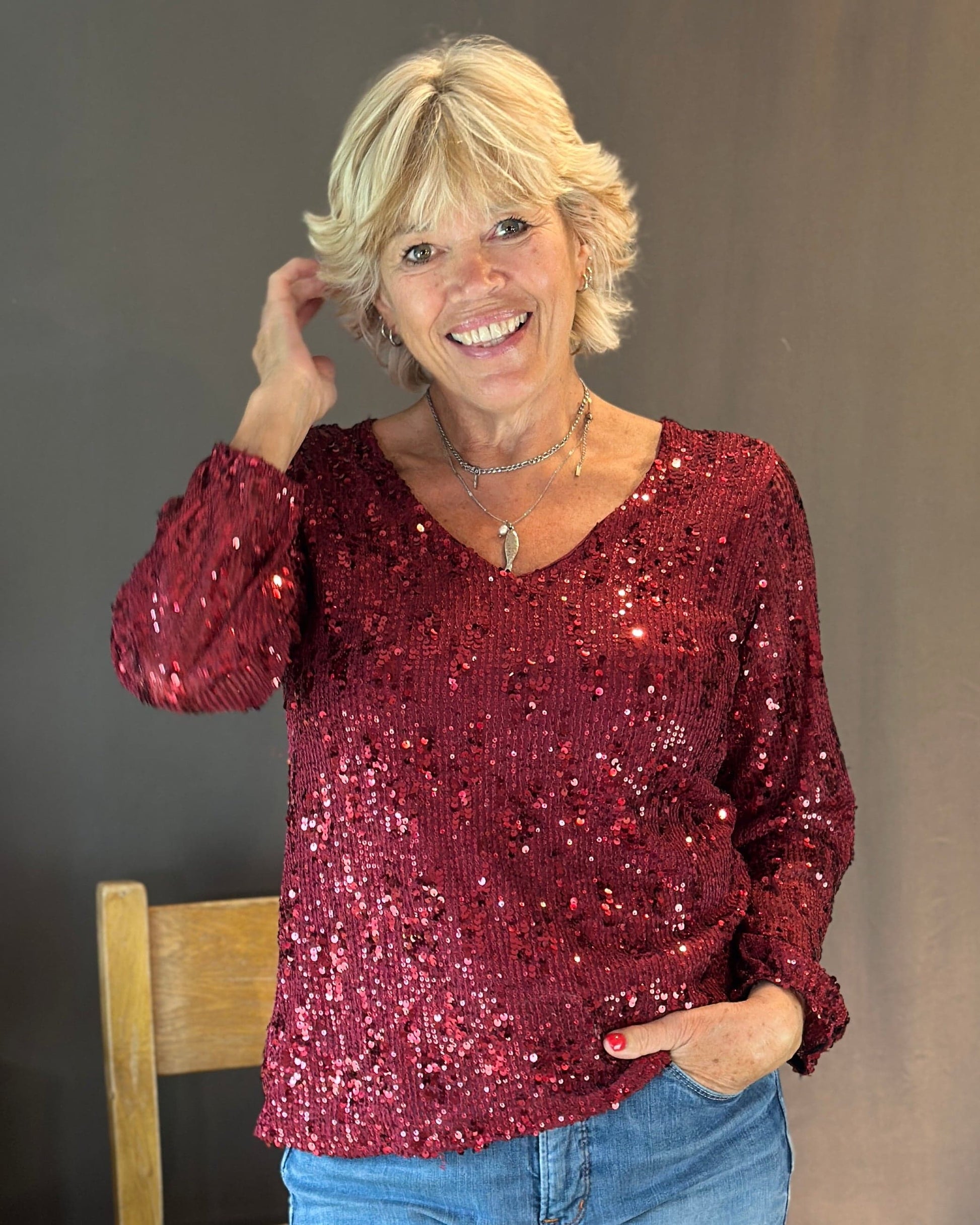 Clothing V-Neck Long Sleeve Sequin Top - Wine