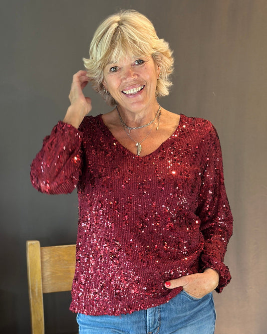 Clothing V-Neck Long Sleeve Sequin Top - Wine