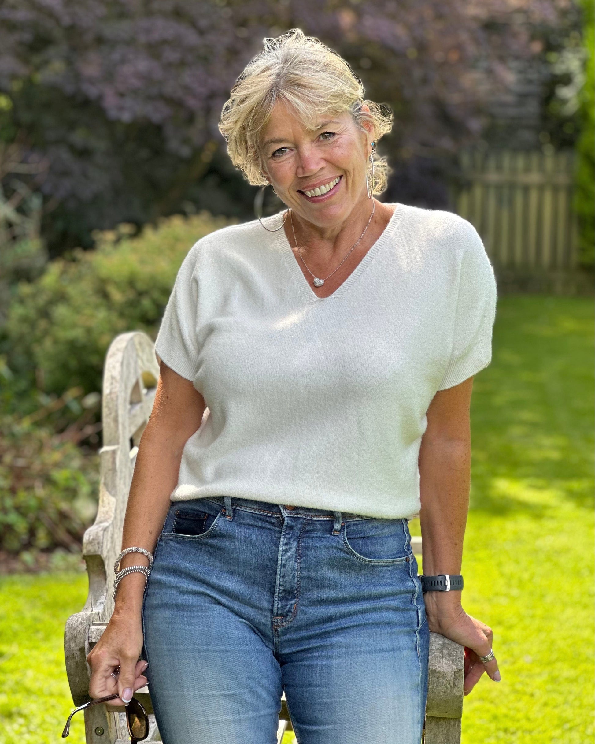 clothing V-Neck Short Sleeve Jumper - Cream