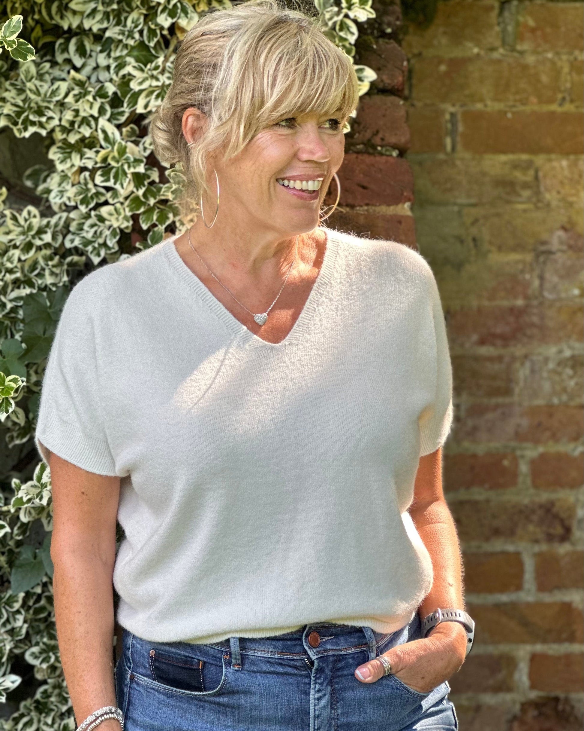 clothing V-Neck Short Sleeve Jumper - Cream