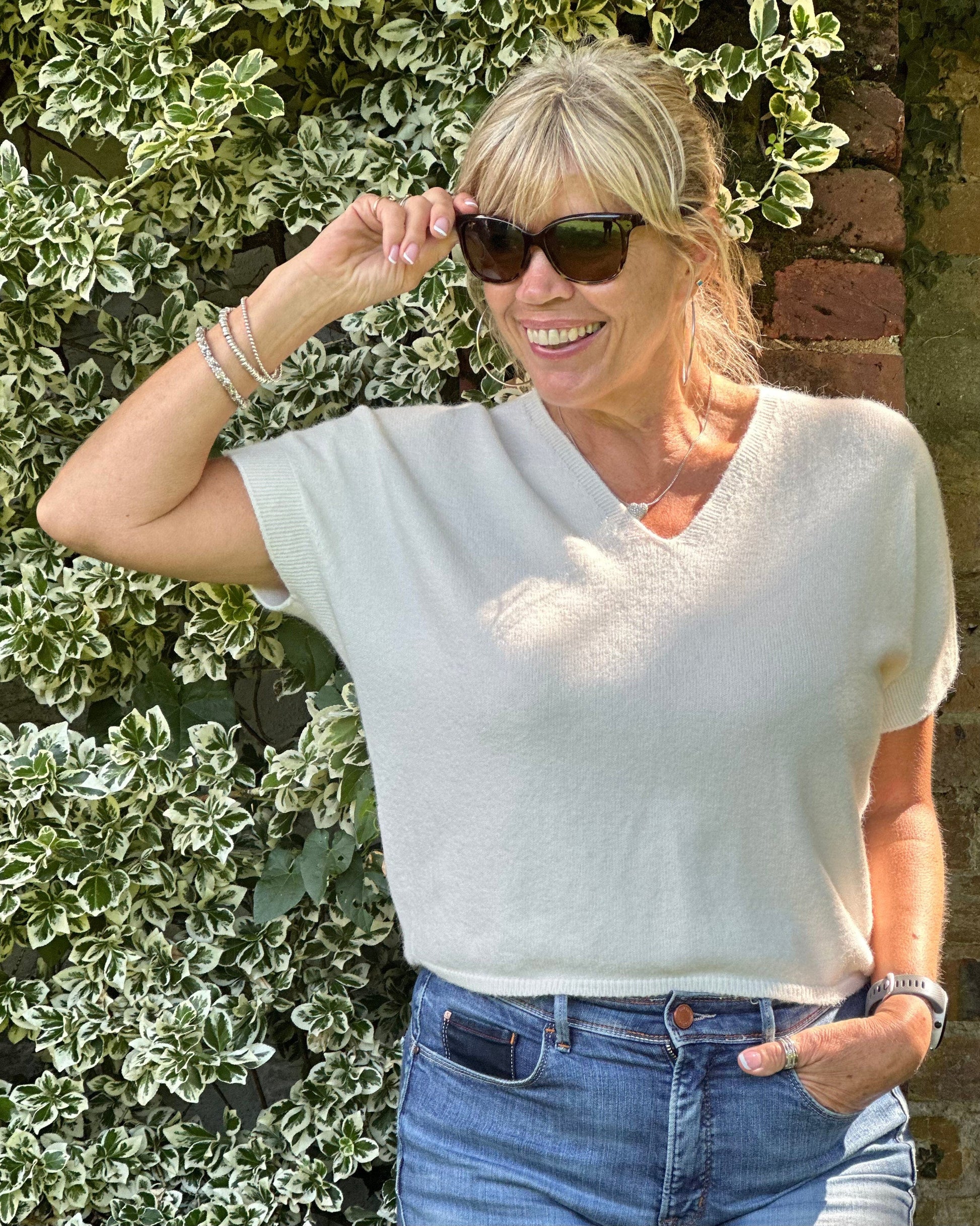 clothing V-Neck Short Sleeve Jumper - Cream