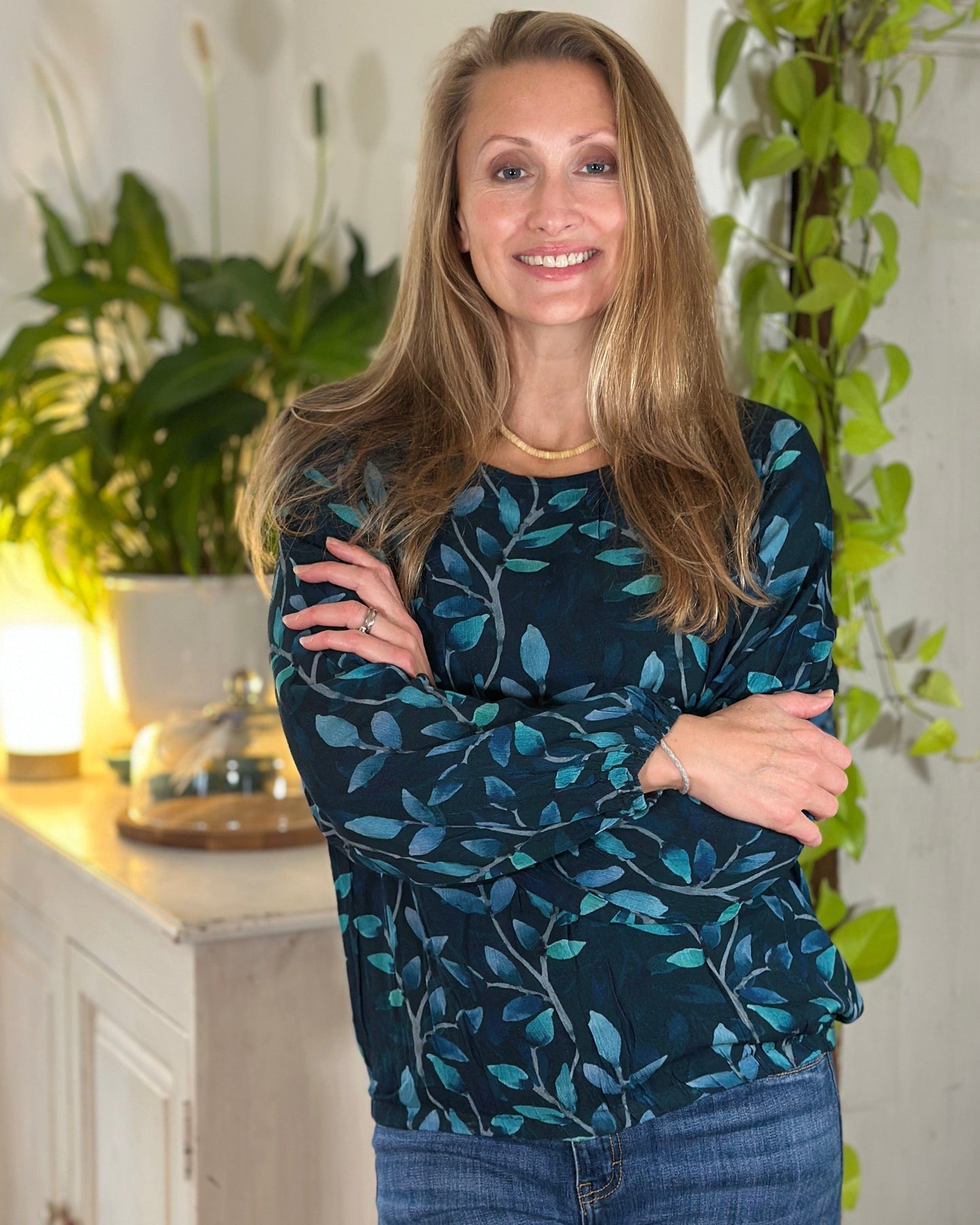 Clothing Vine Leaves Print Blouse - Teal