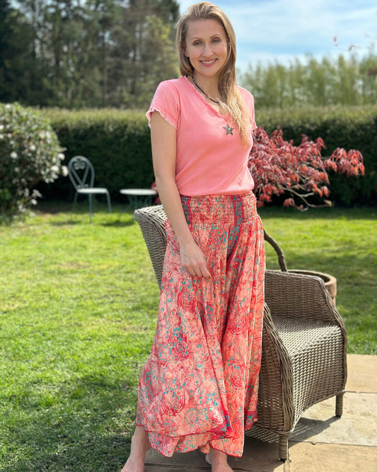 clothing Wide Leg Silk Trousers - Peach/Coral/Teal Paisley Flowers