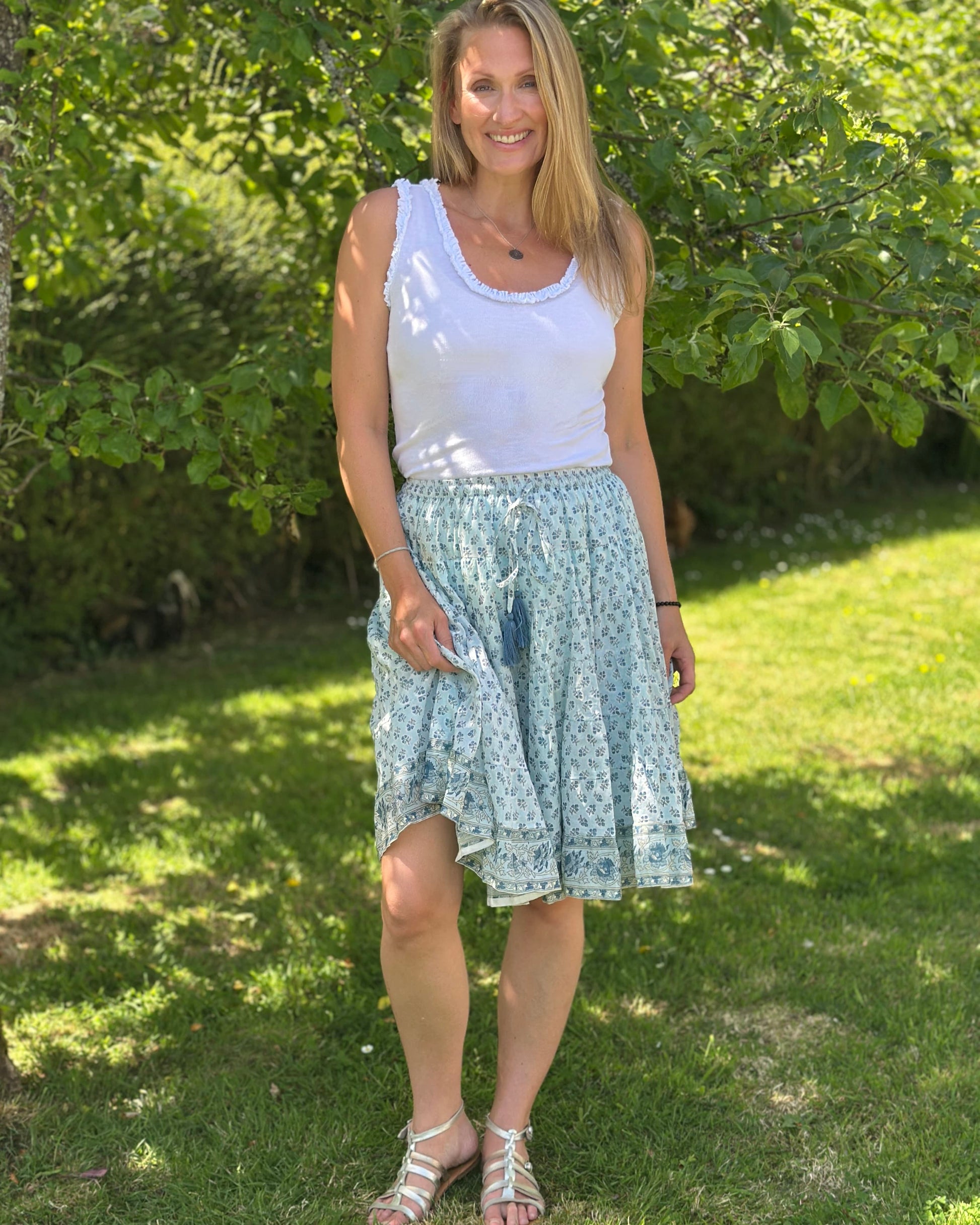 Clothing Wood Block Print Cotton Gypsy Skirt - Blue Floral