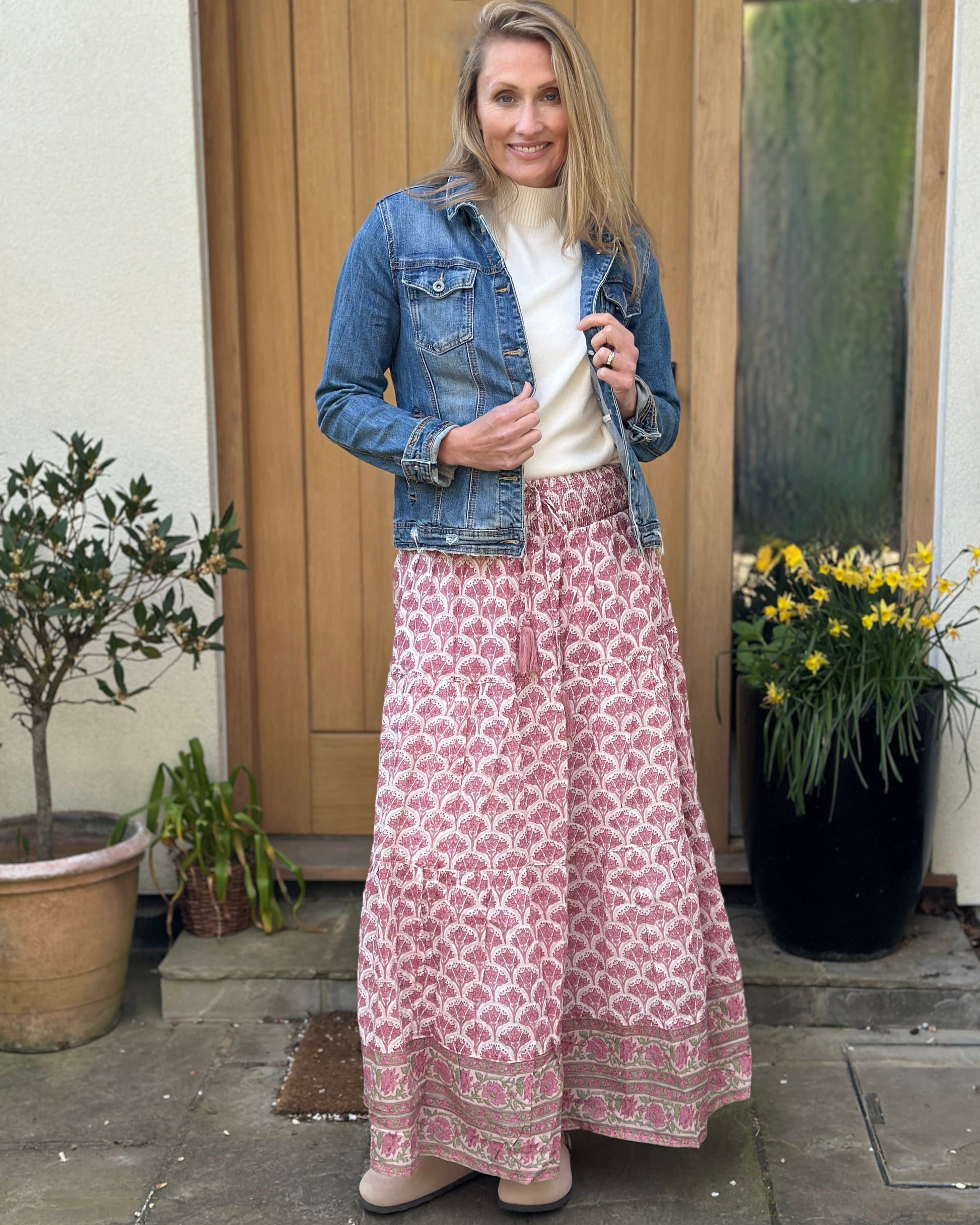 Clothing Wood Block Print Cotton Gypsy Skirt - Pink Floral