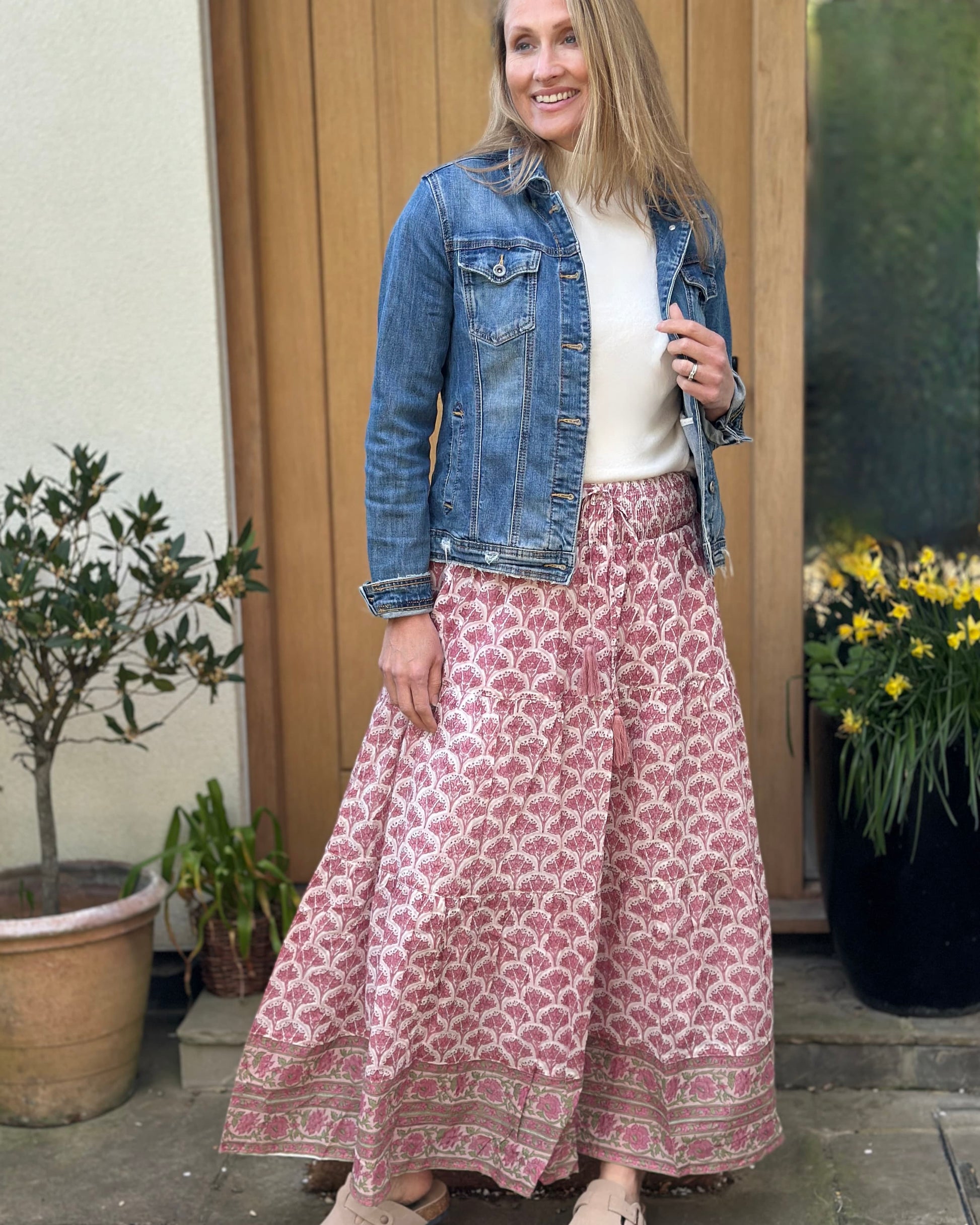 Clothing Wood Block Print Cotton Gypsy Skirt - Pink Floral