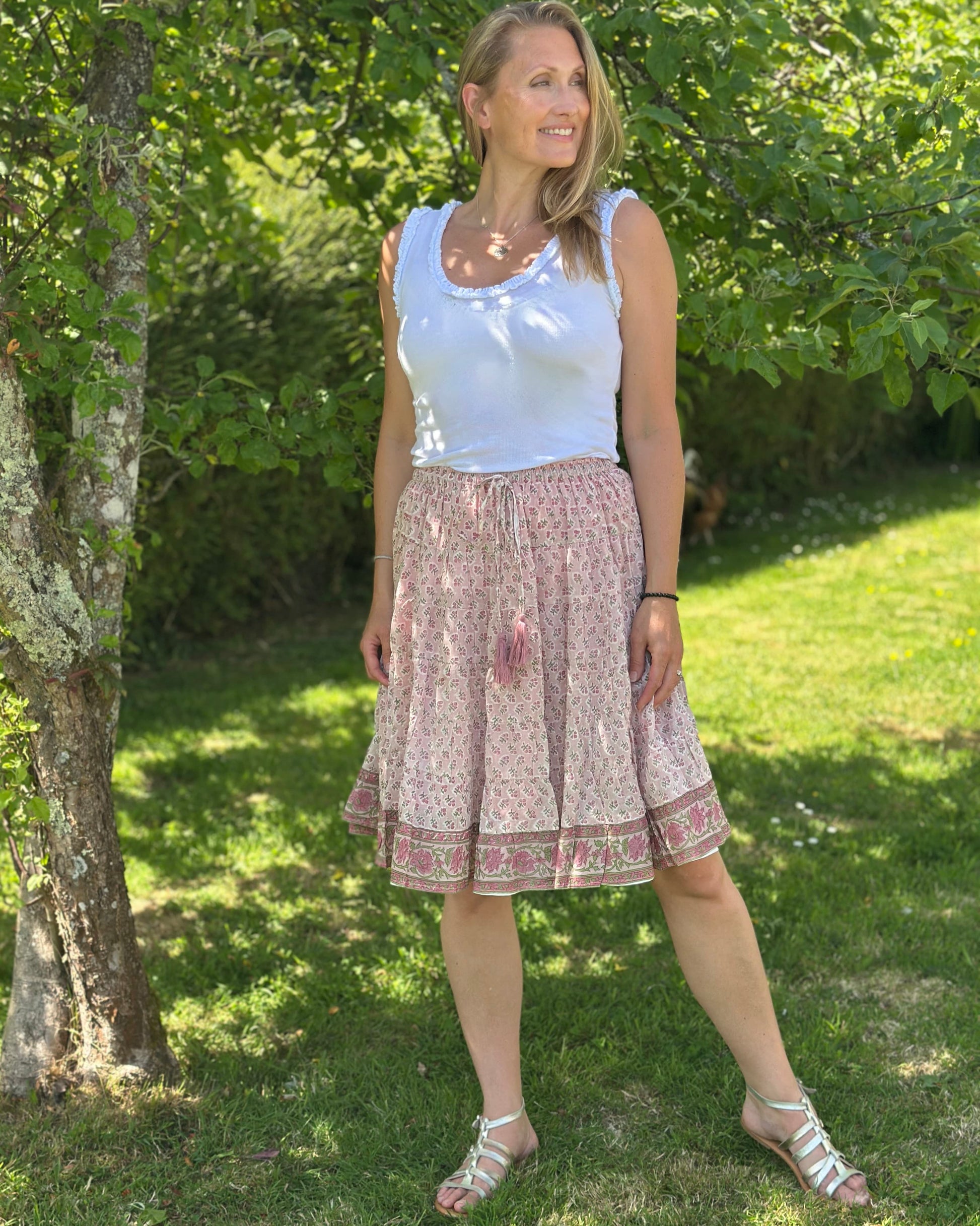 Clothing Wood Block Print Cotton Gypsy Skirt - Pink Floral