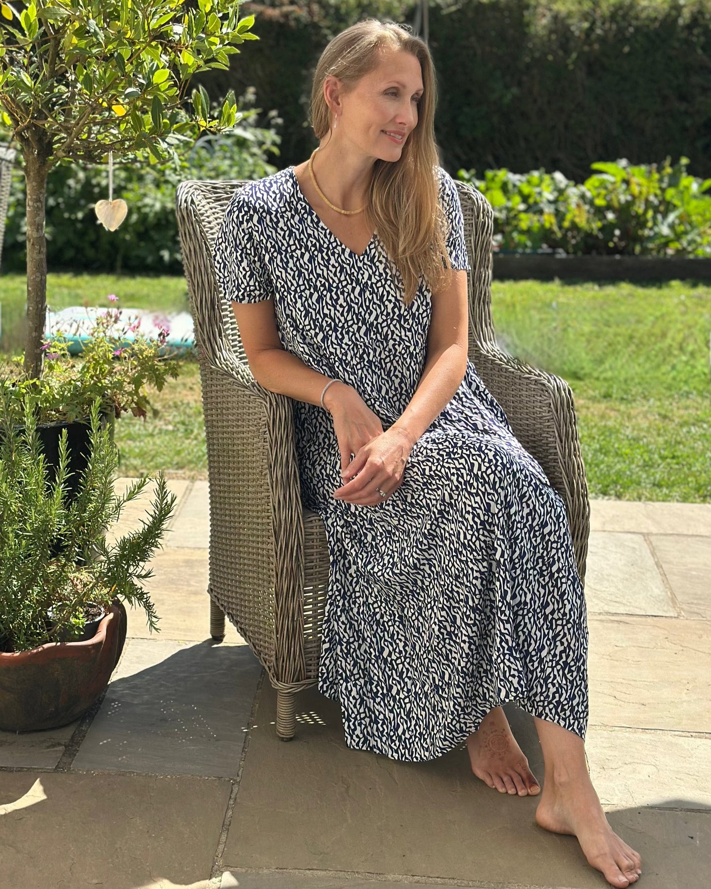 dress Distressed Geo Print Tiered Dress - Navy
