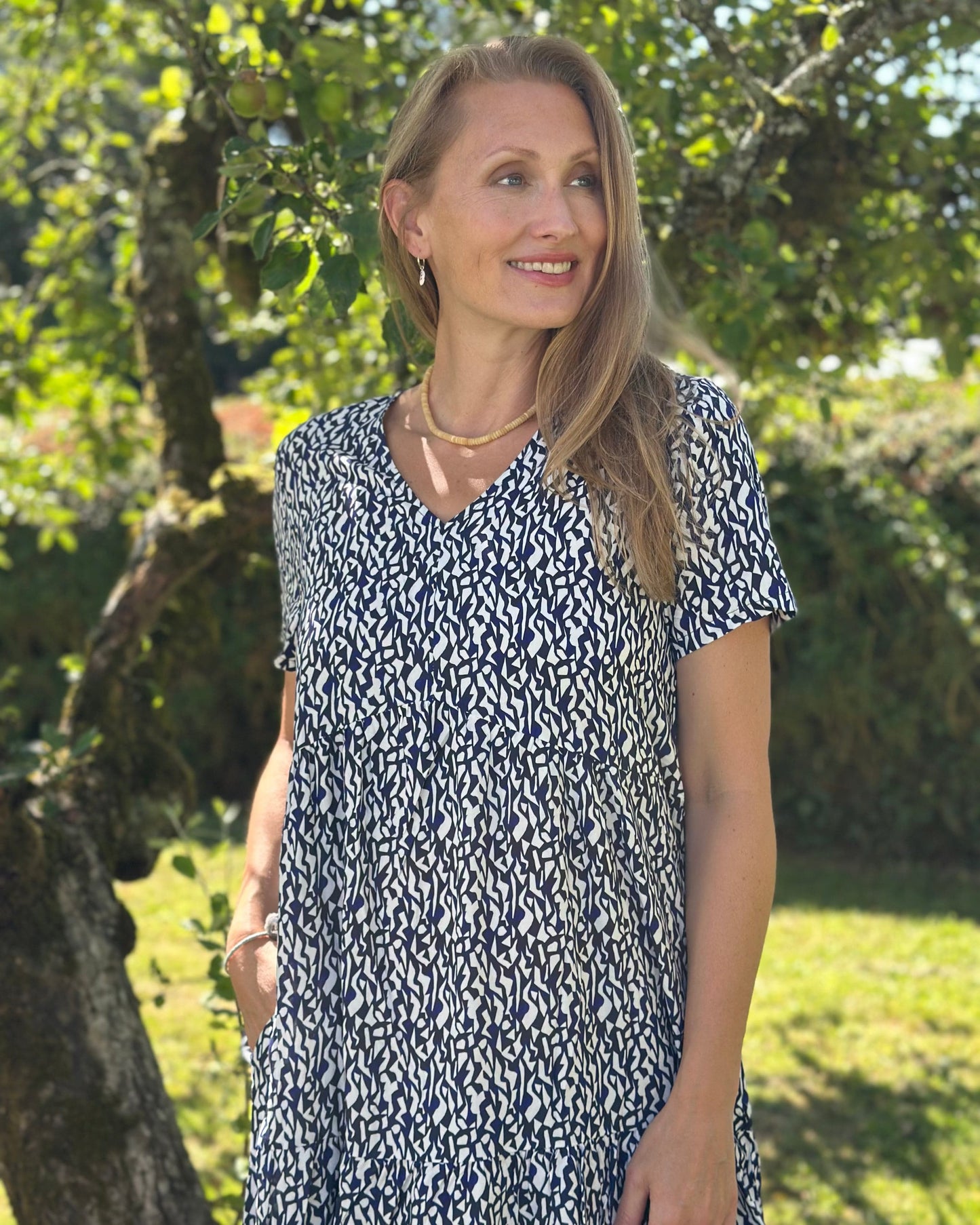 dress Distressed Geo Print Tiered Dress - Navy