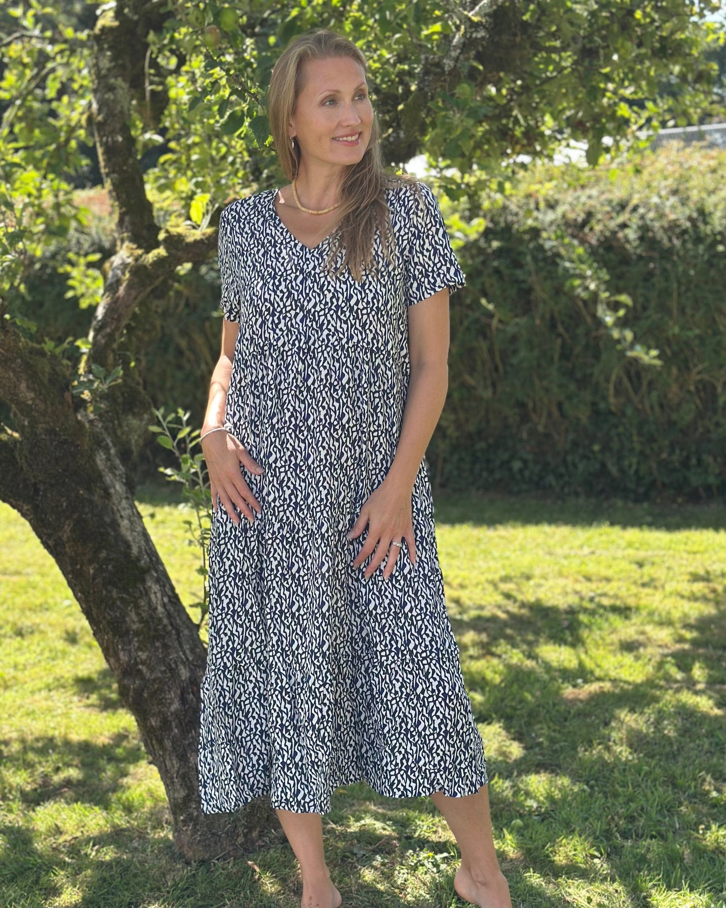 dress Distressed Geo Print Tiered Dress - Navy
