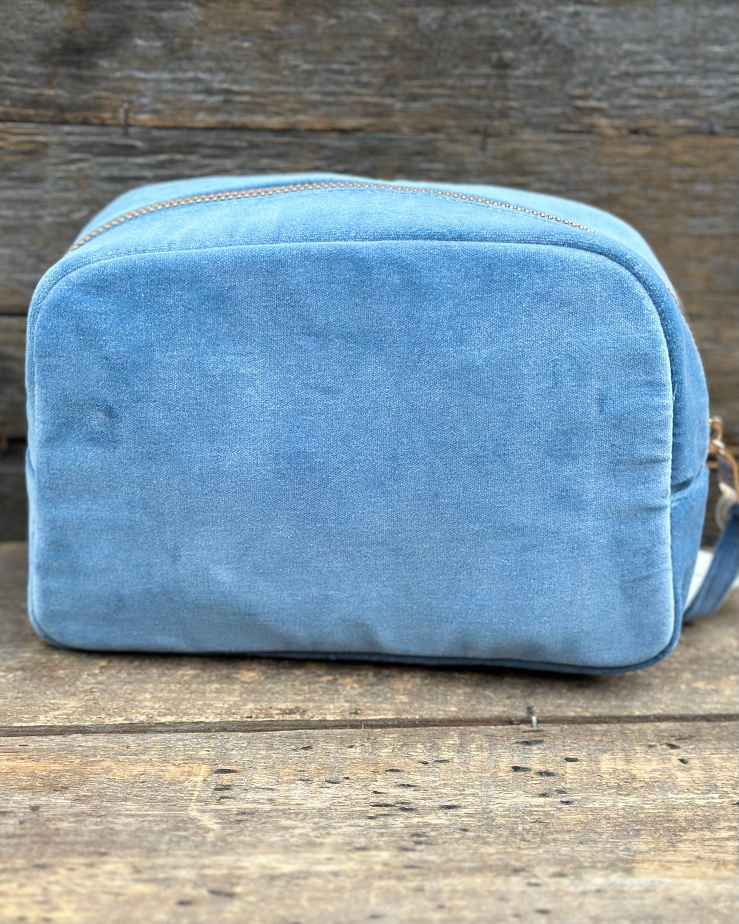 Embroidered Sunset Palm Velvet Make Up Bag - Dusky Blue