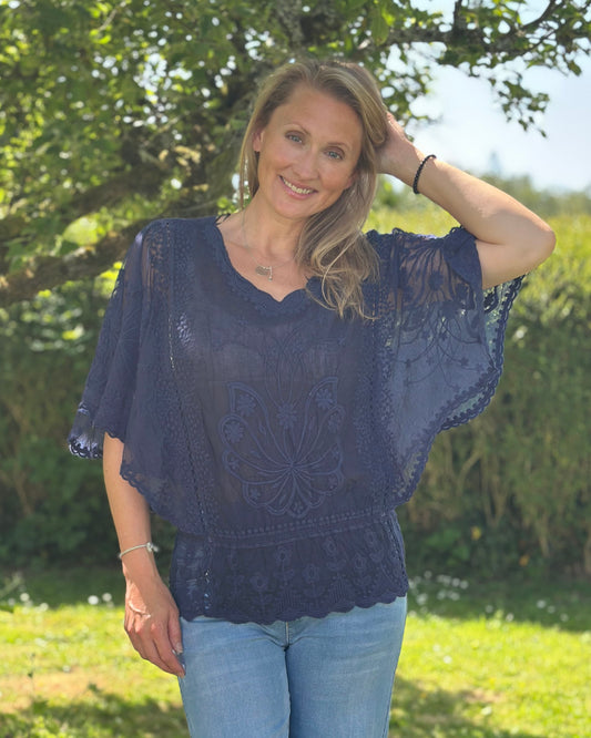 Floral Lace Butterfly Sleeve Top - Navy