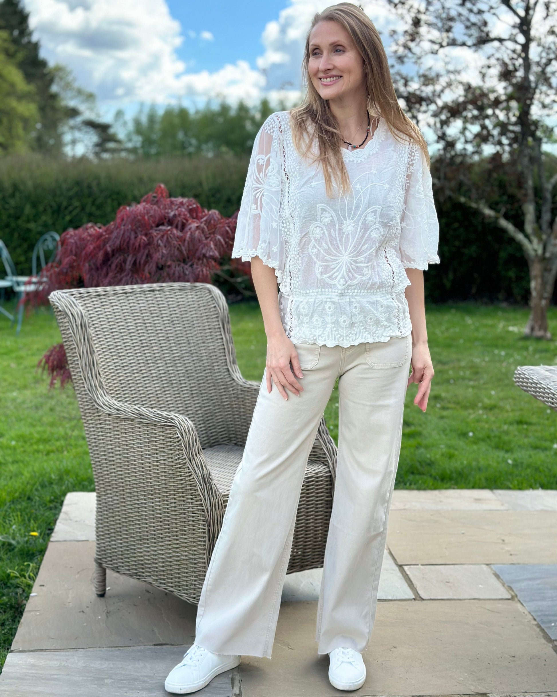 Floral Lace Butterfly Sleeve Top - White
