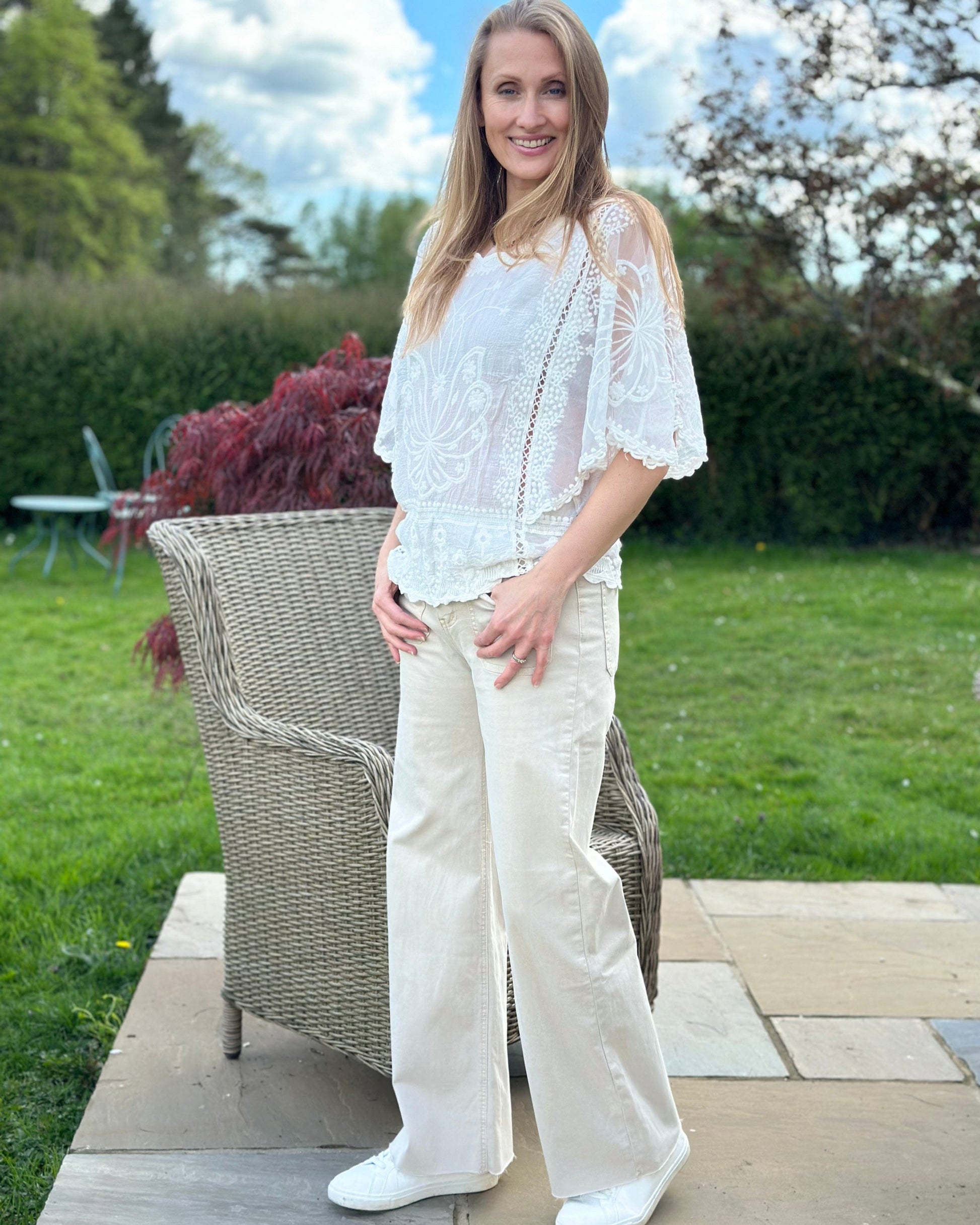 Floral Lace Butterfly Sleeve Top - White
