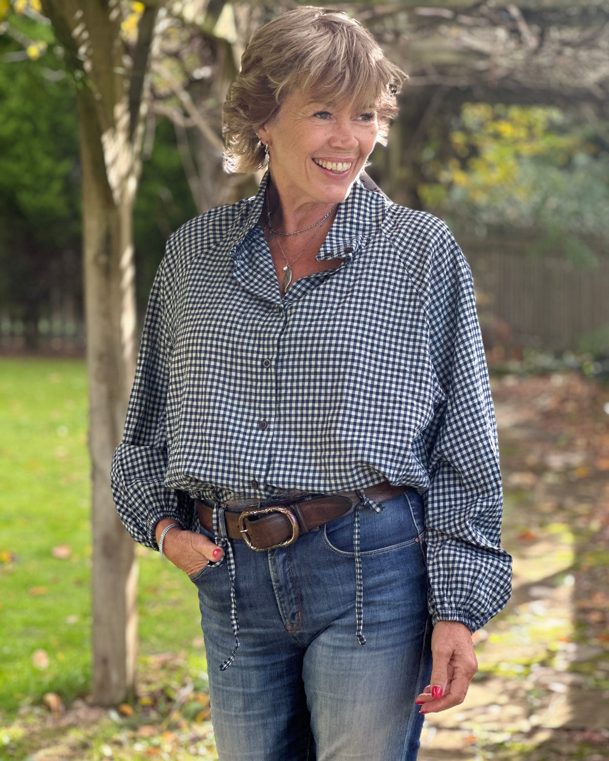 Gingham High Neck Top - Navy