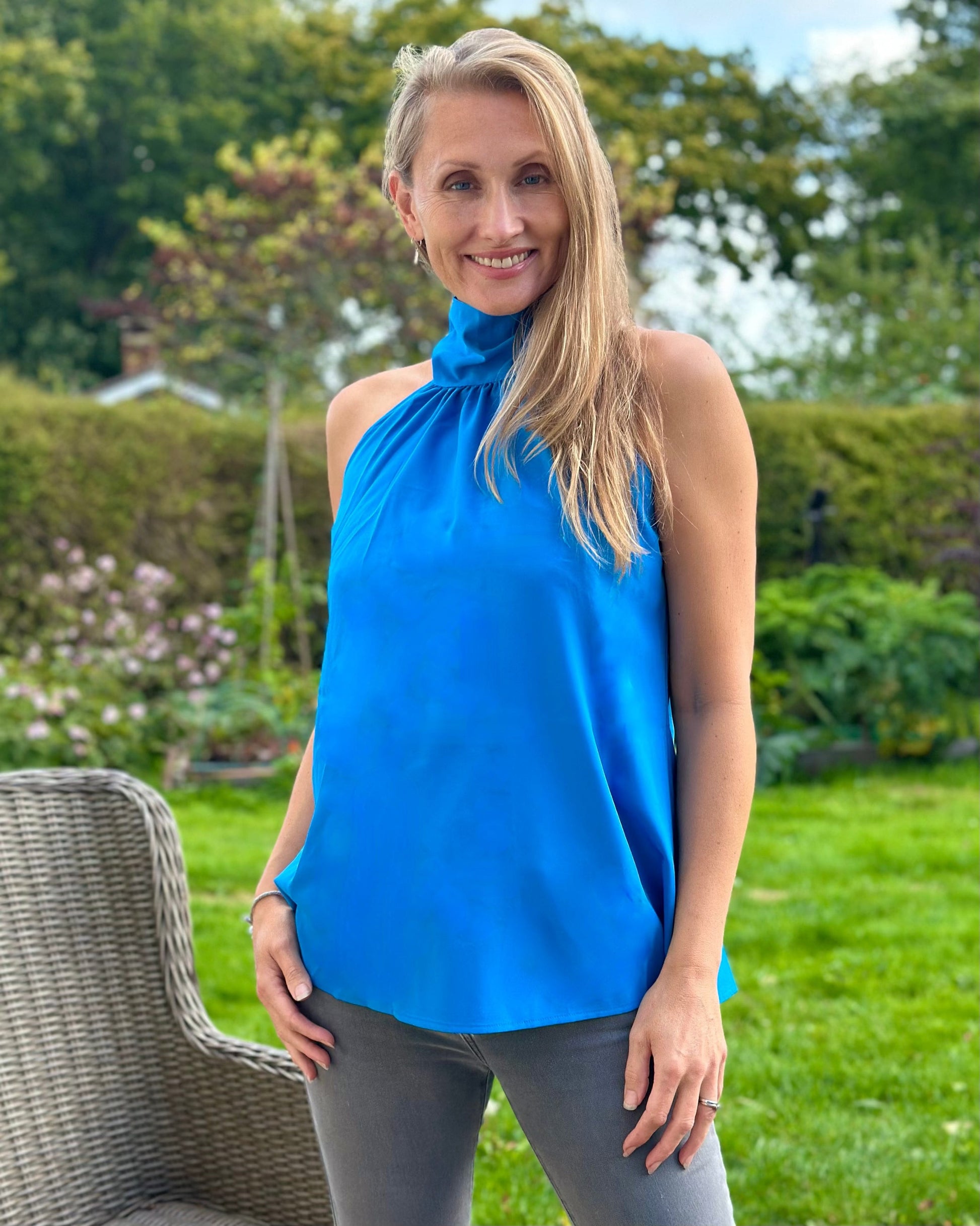 Halter Neck Tie Back Top - Azure Blue