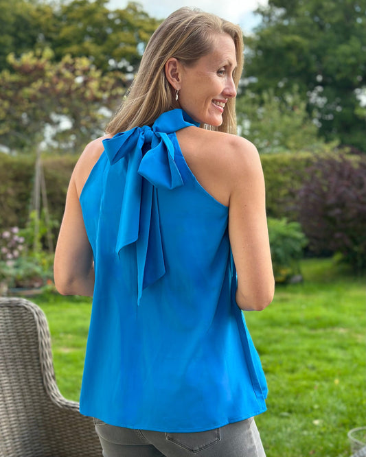 Halter Neck Tie Back Top - Azure Blue