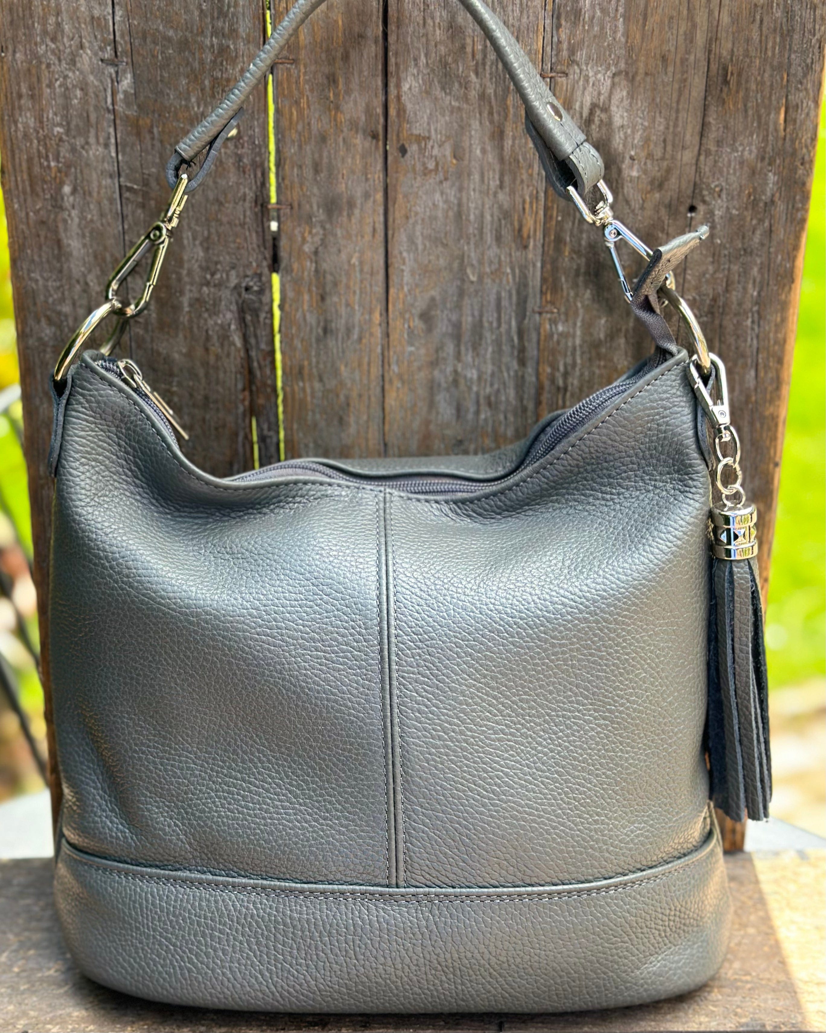 Leather Bucket Bag Grey LavenderLime handbag