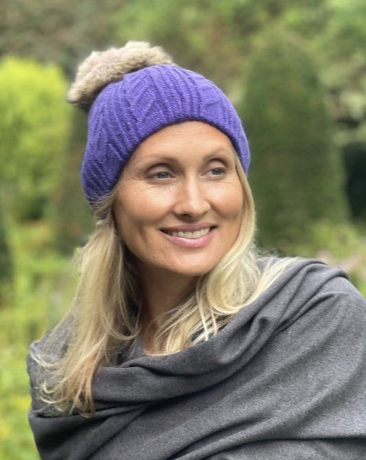 Hats Cable Knit Pom Pom Hat -Purple