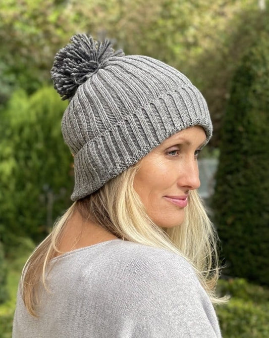 Hats Cashmere Knit Pom Pom Hat - Grey