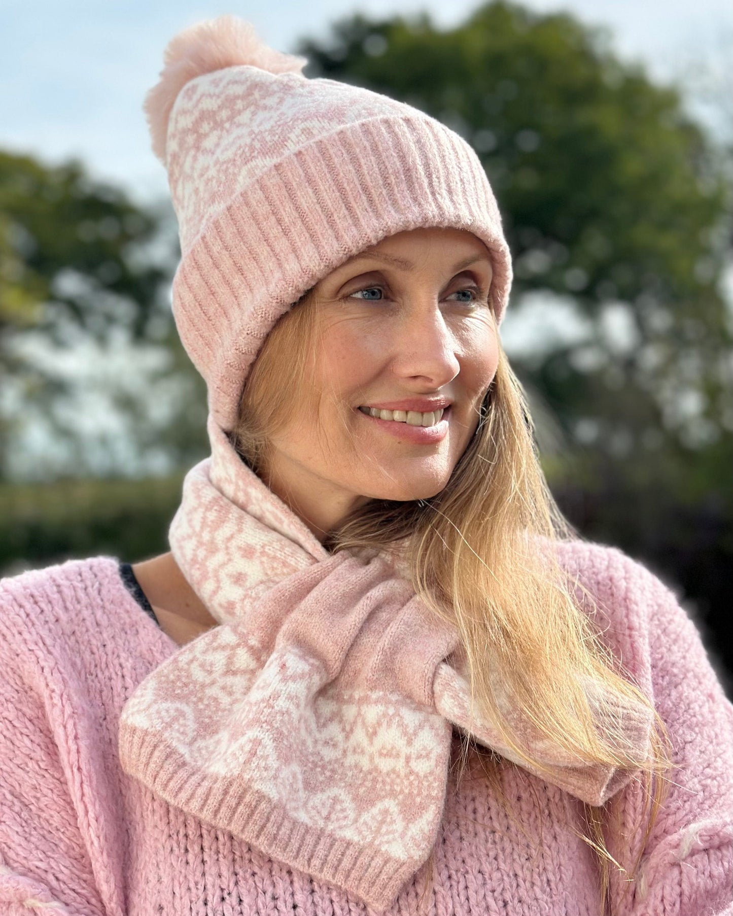 Hats Fairisle Mix Pull Through Scarf - Pale Pink