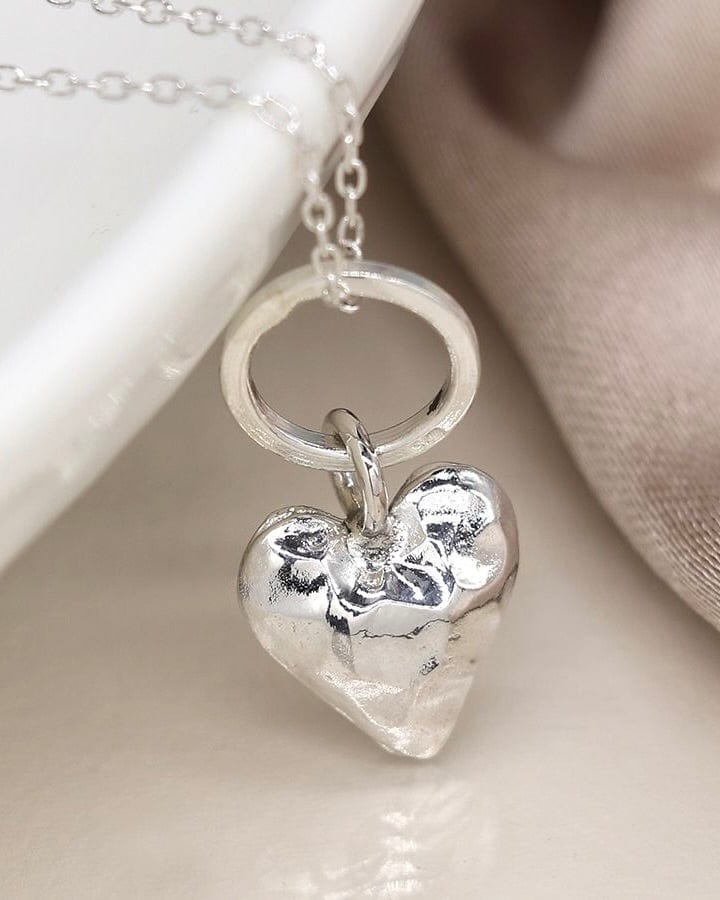 Sterling Silver Hammered Heart On Ring Necklace 16