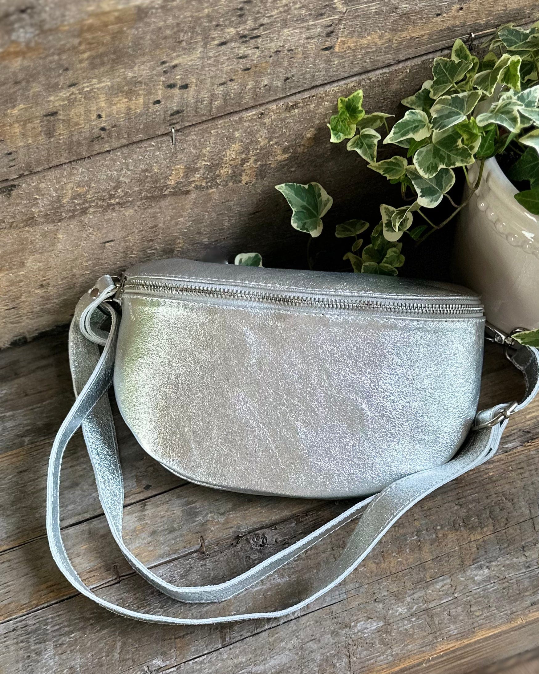 Leather Medium Belt Bag Silver With Silver Finishings