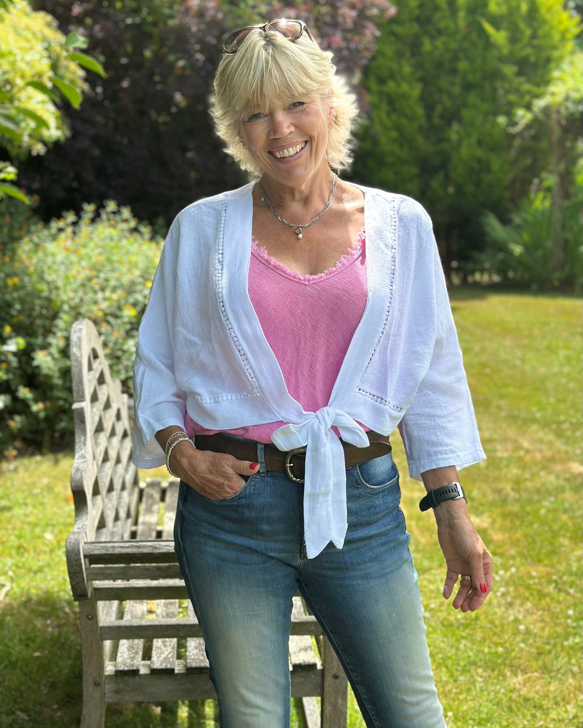 Linen and Cotton Blend Tie Front Bolero - White