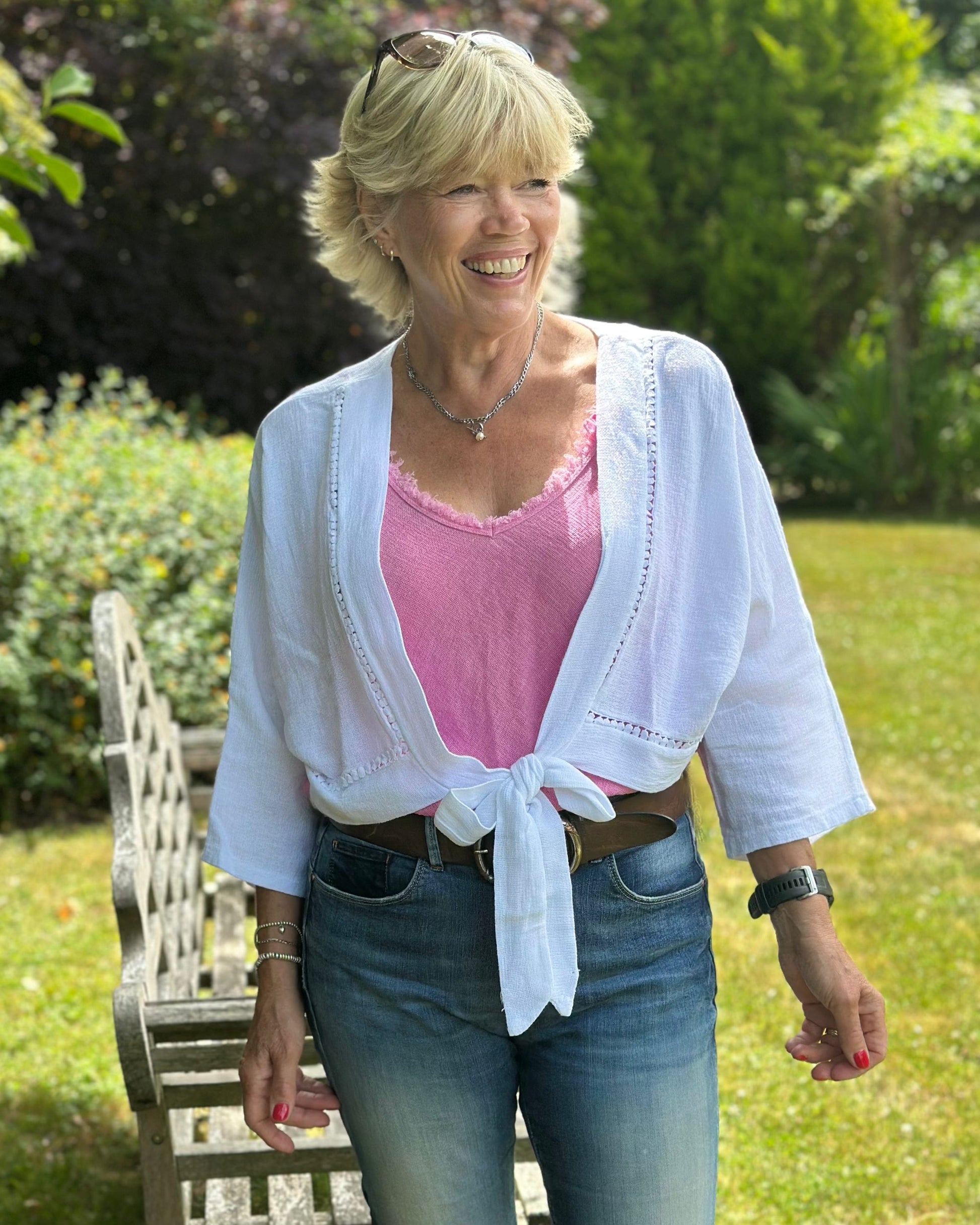 Linen and Cotton Blend Tie Front Bolero - White