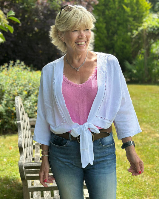 Linen and Cotton Blend Tie Front Bolero - White