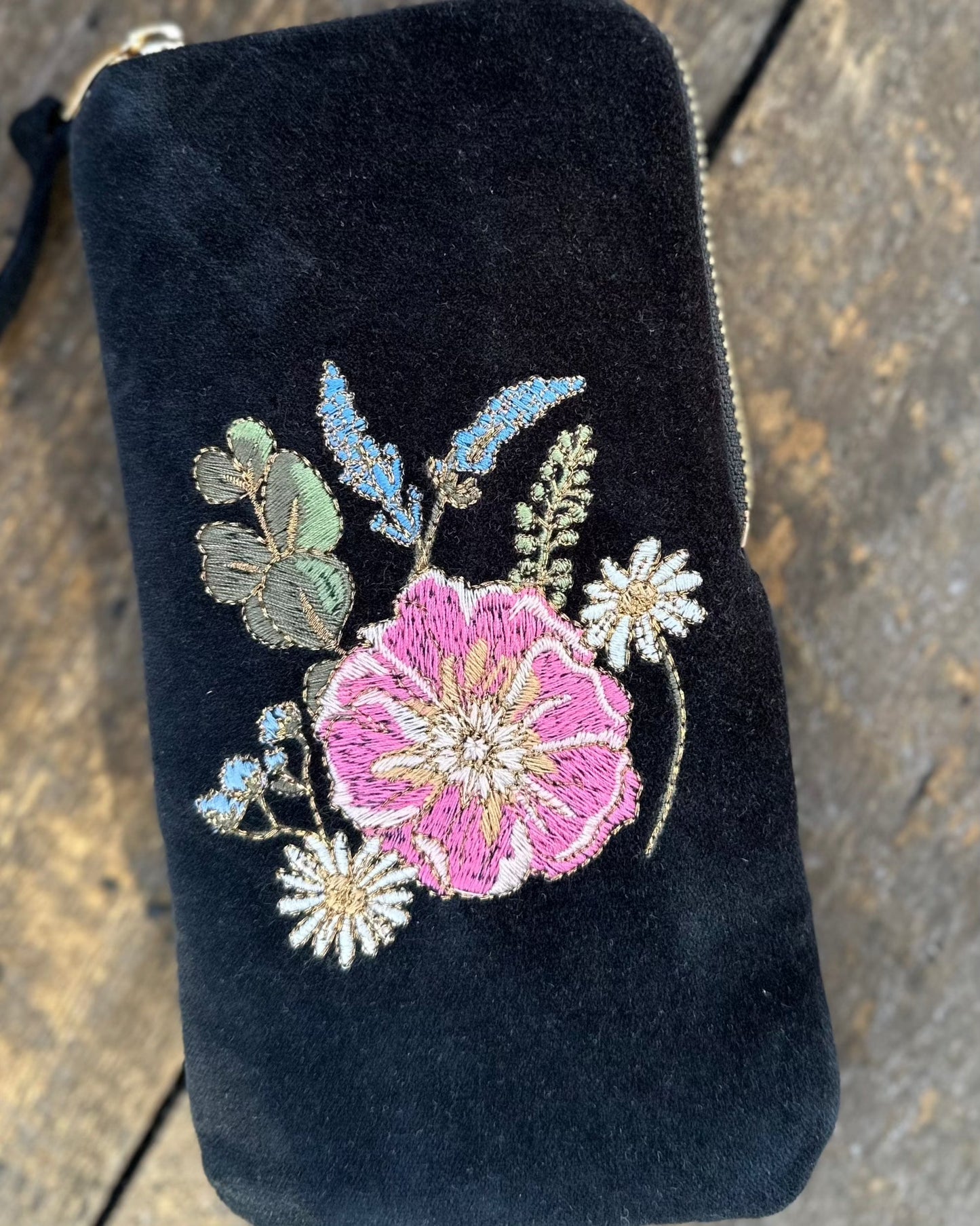 Make up bag Embroidered Flowers Glasses Pouch - Charcoal