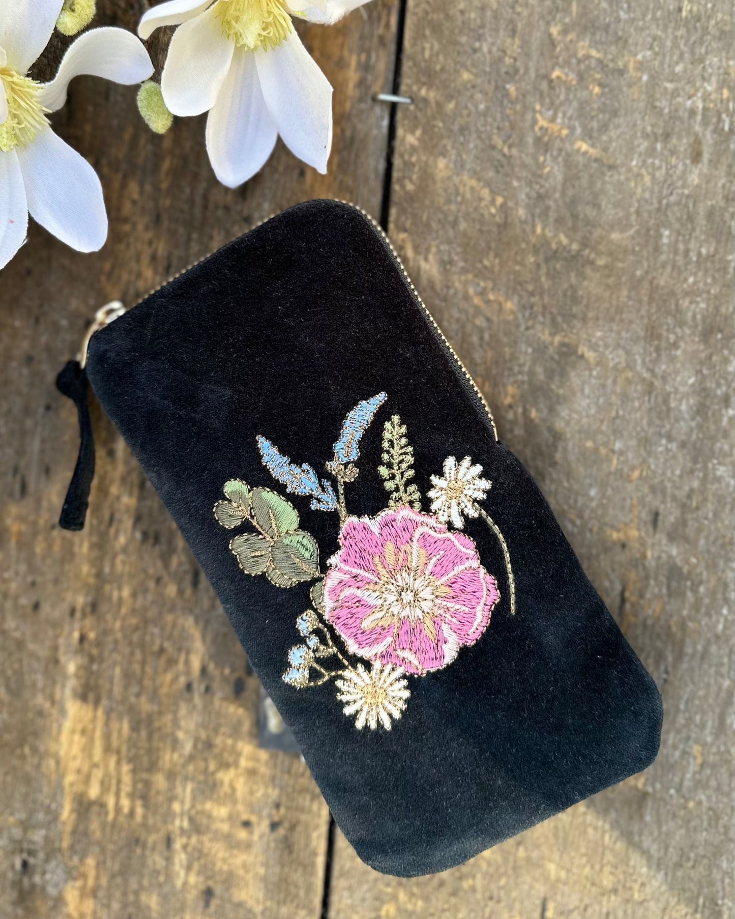 Make up bag Embroidered Flowers Glasses Pouch - Charcoal