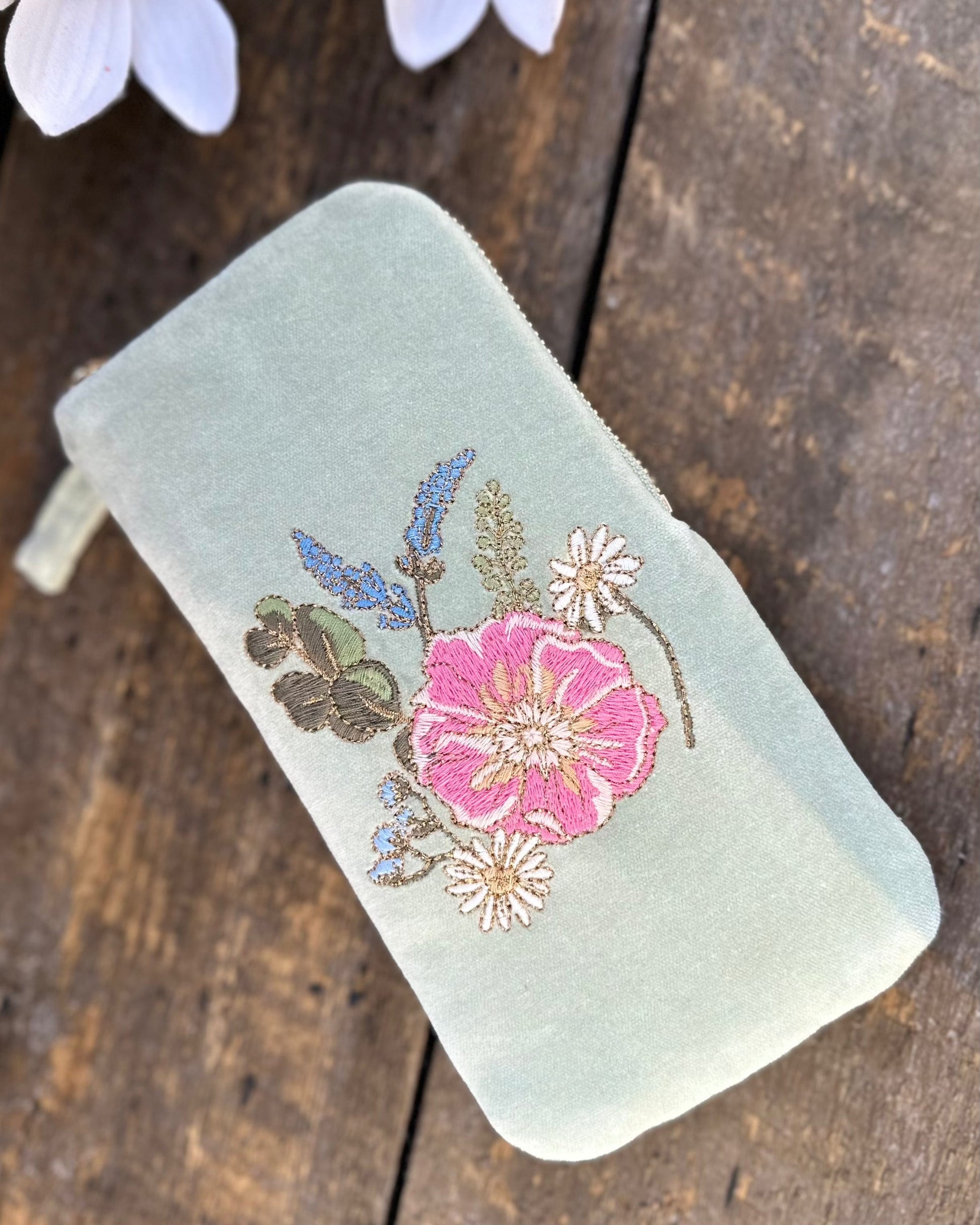 Make up bag Embroidered  Flowers Glasses Pouch - Sage