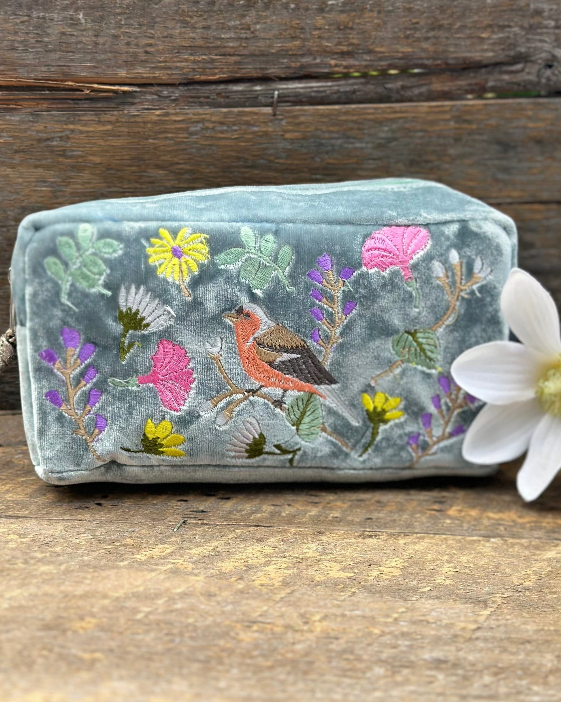 Make up bag Large Velvet Make Up Bag With Finch & Flowers