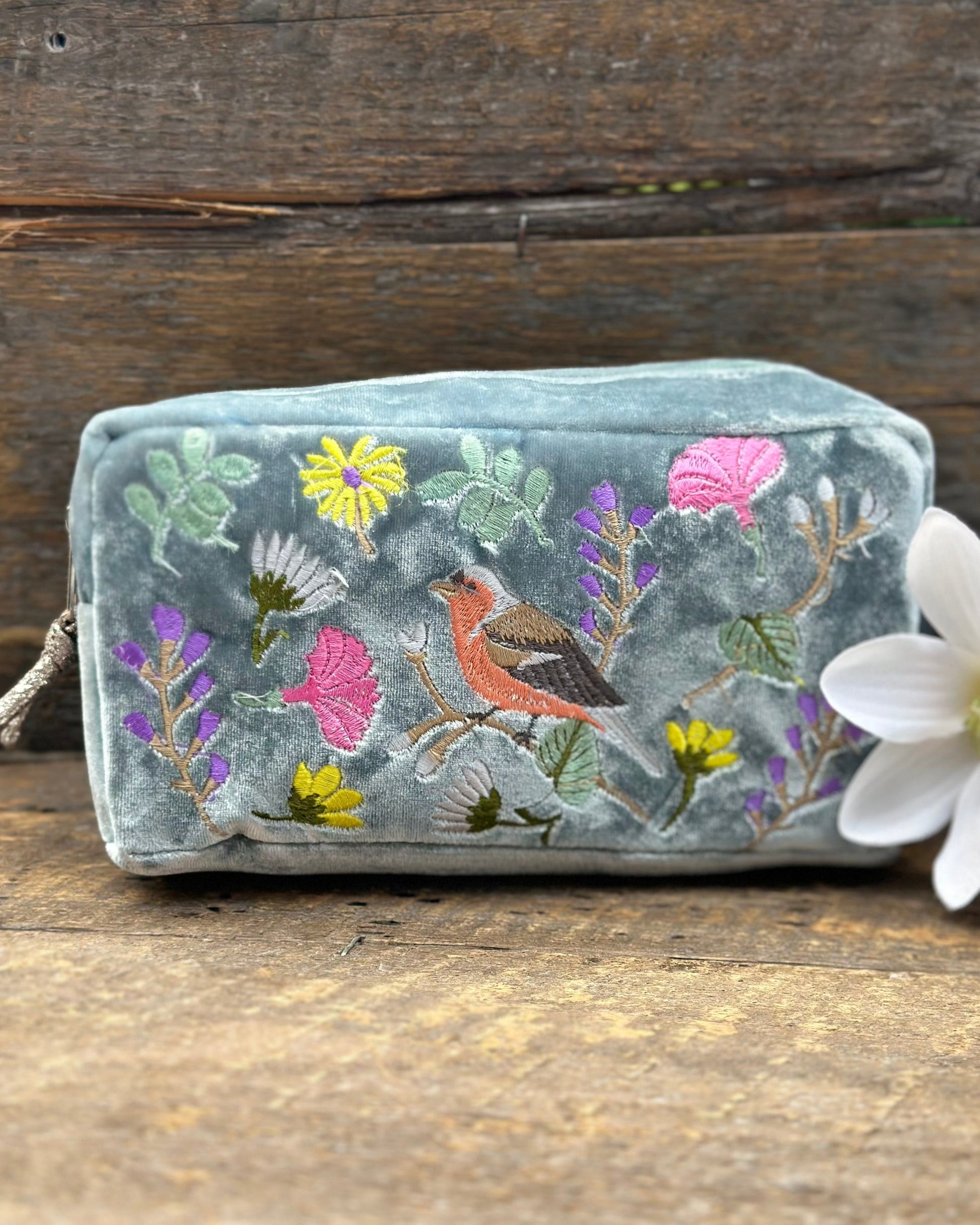 Make up bag Large Velvet Make Up Bag With Finch & Flowers