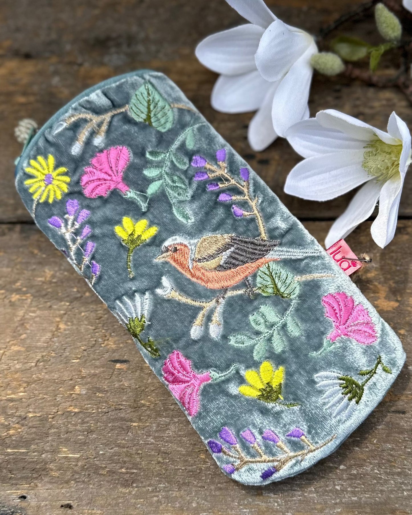 Make up bag Velvet Glasses Pouch With Finch & Flowers