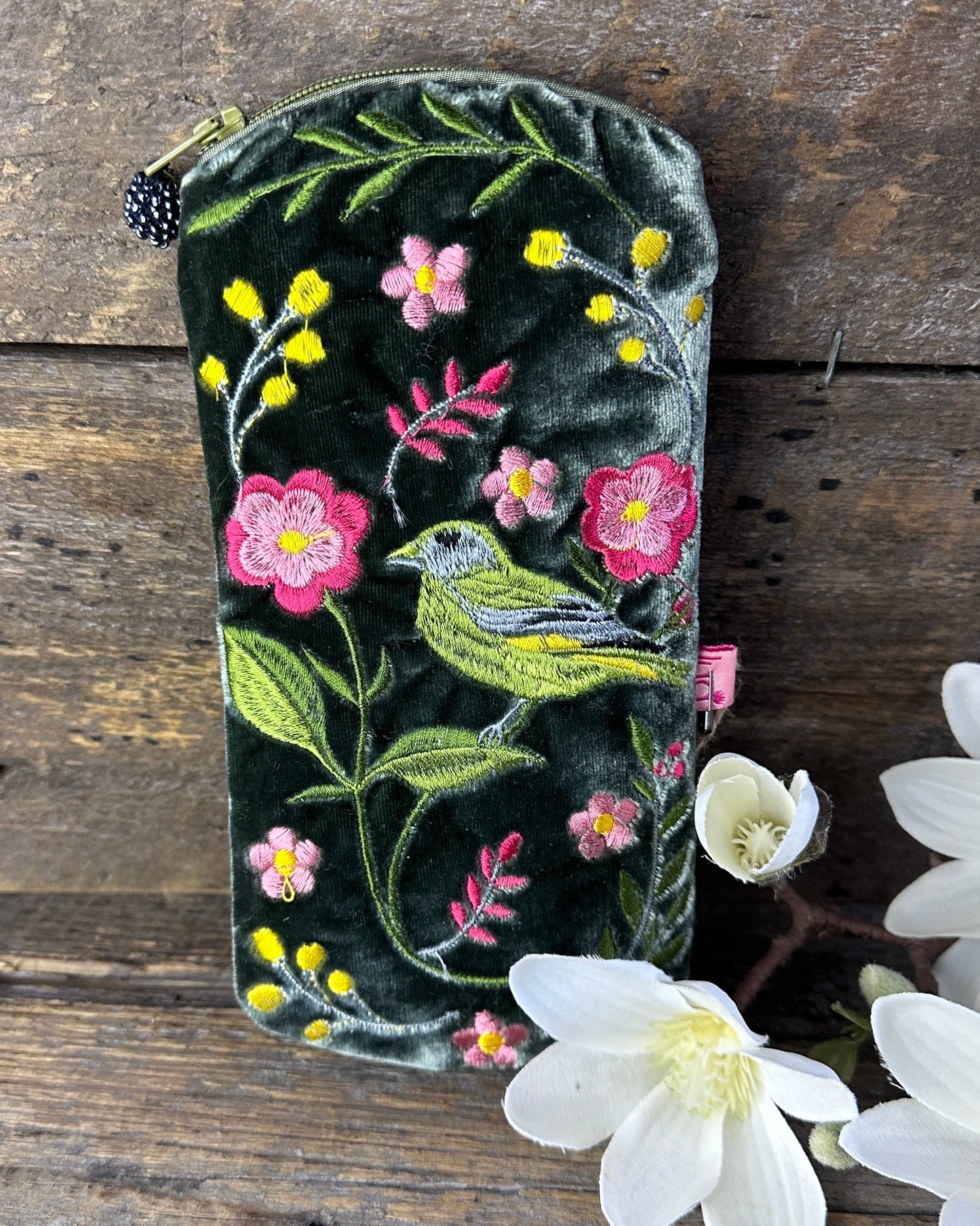 Make up bag Velvet Glasses Pouch With Green Finch & Flowers
