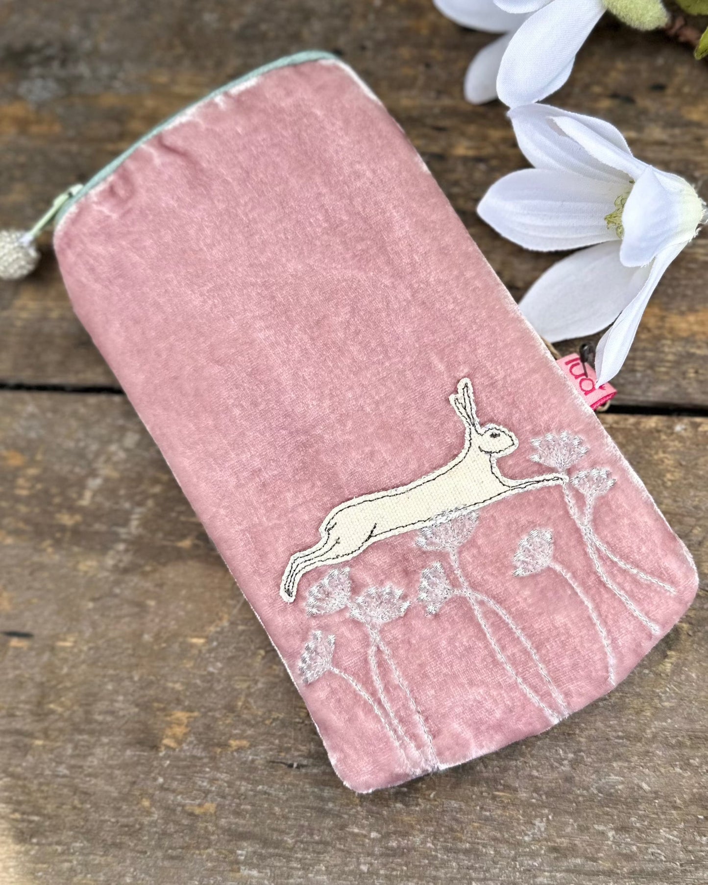 Make up bag Velvet Glasses Pouch With Leaping Hare - Pale Pink