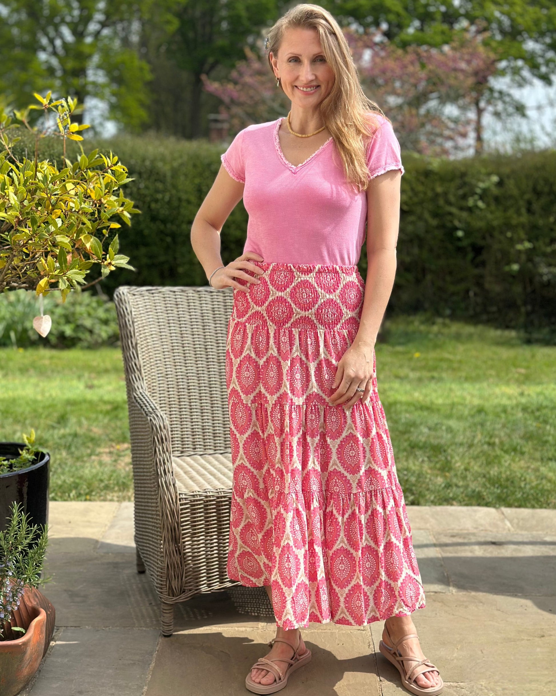 Patterned Tiered Skirt/Dress - Pink