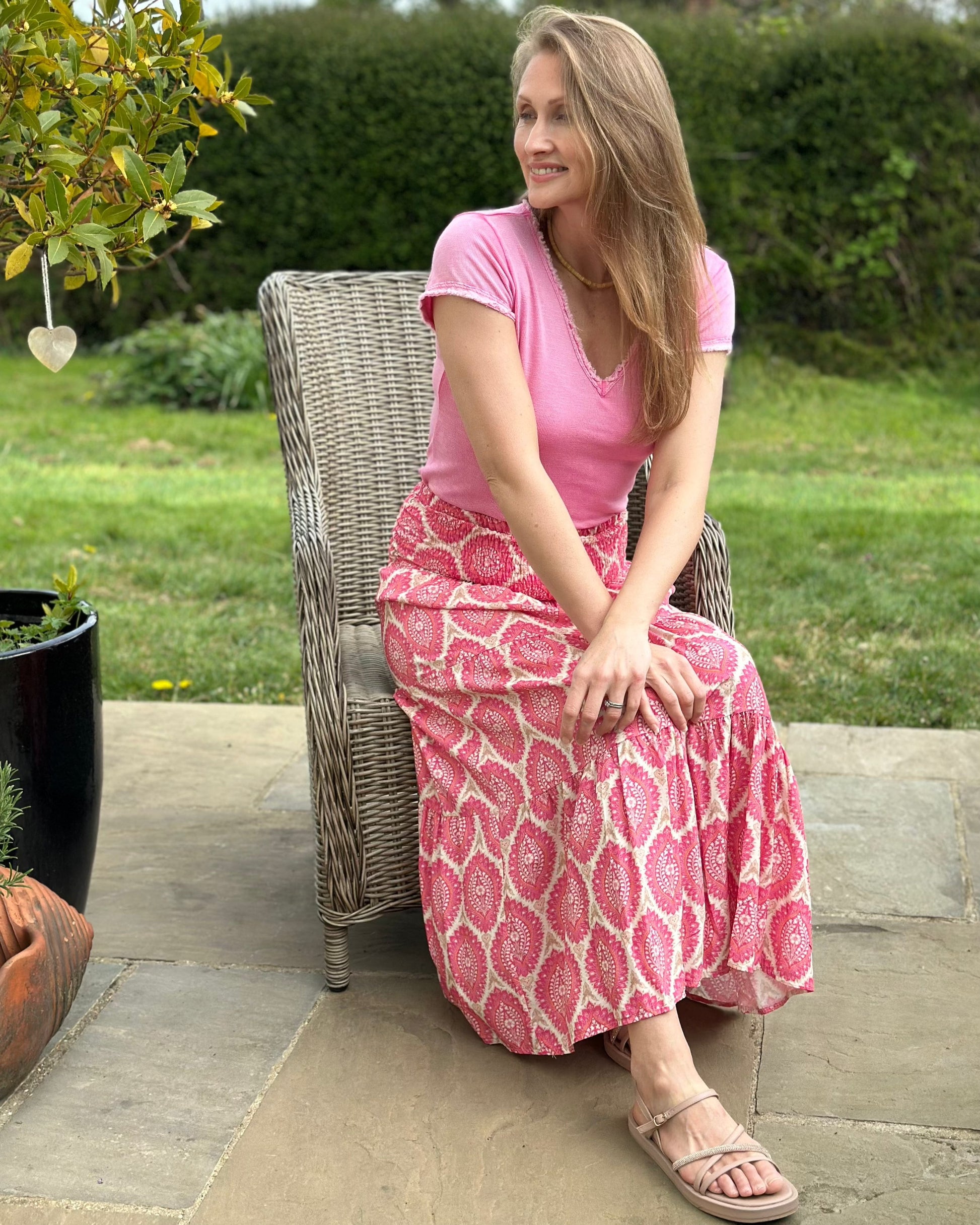 Patterned Tiered Skirt/Dress - Pink