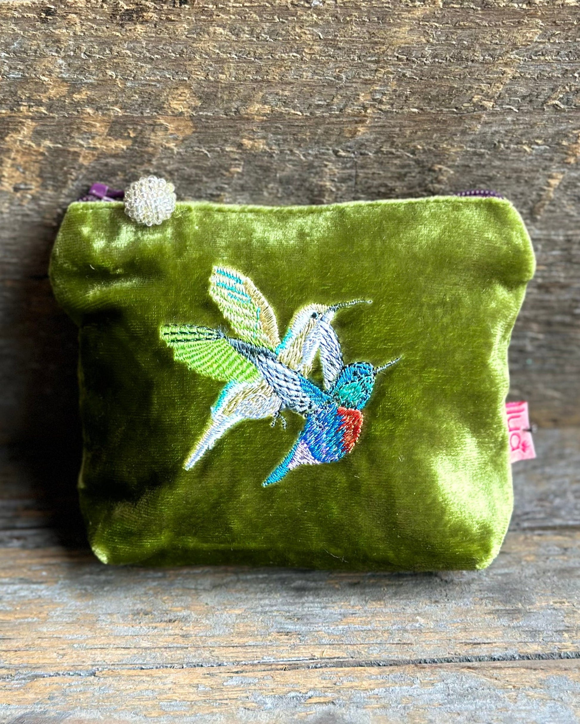 purse Velvet Embroidered Hummingbird Mini Purse - Green